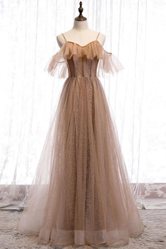 Champagne tulle sequin long prom dress tulle formal prom dress