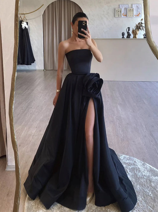 A-Line Satin Black Long Evening Dress Black Long Formal Dress