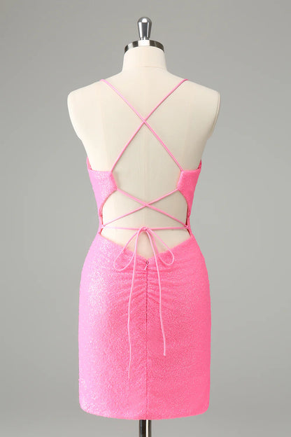 Pink Bodycon Spaghetti Straps Sequins Short Homecoming Dress