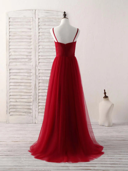 Sweetheart Neck Tulle High Low Prom Dress Burgundy Formal Dress