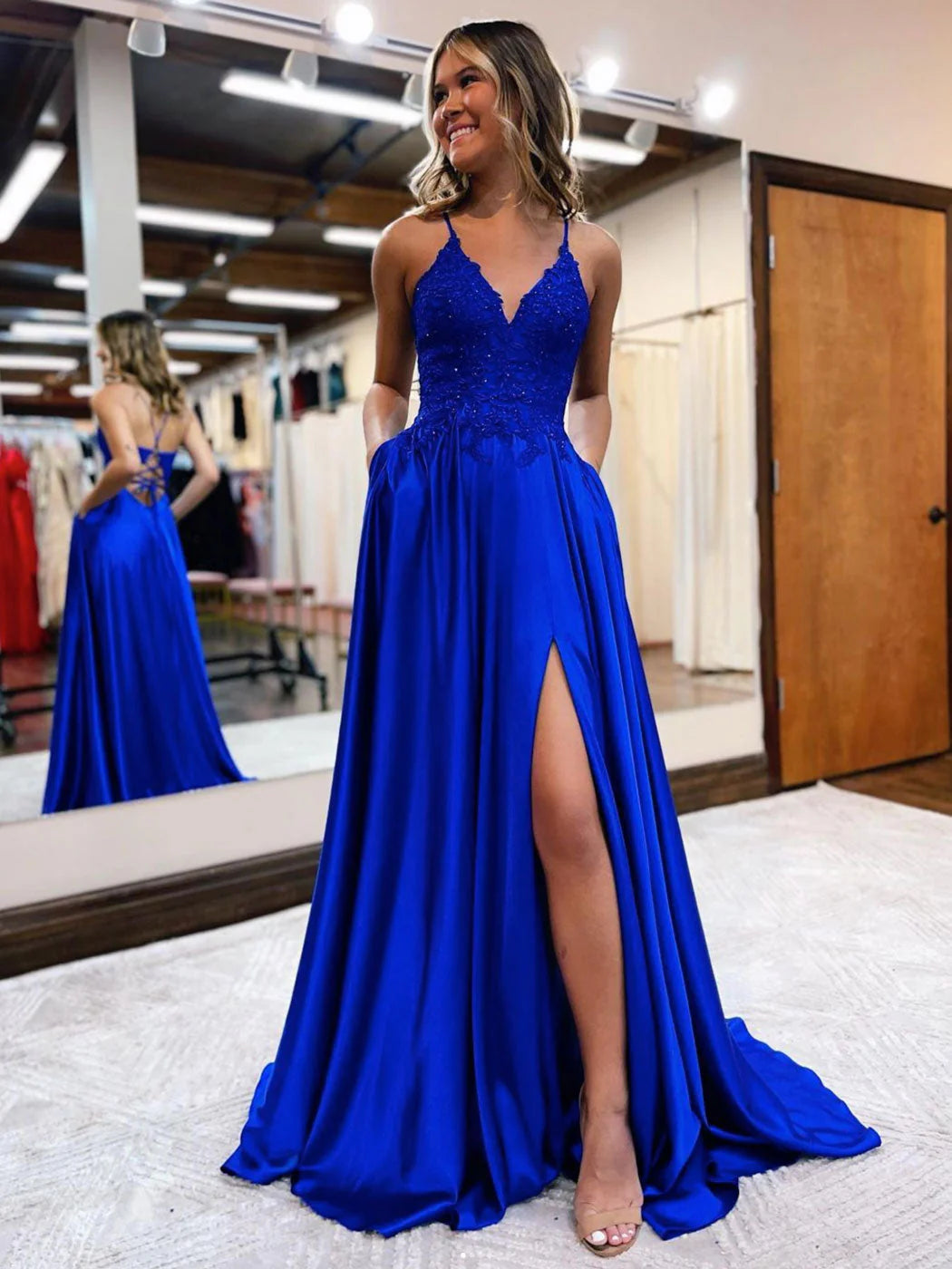 Blue satin v neck lace long prom dress  blue prom dress