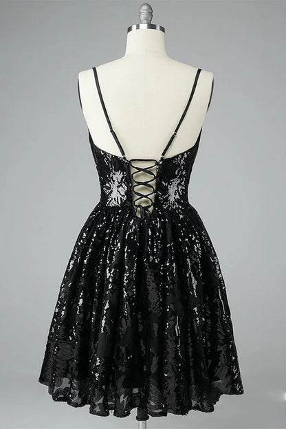 A-line black lace ruffled edge with V-neck mini back-to-school party dress