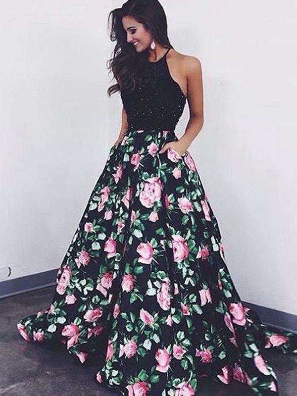 Black A-line Sleeveless Pocket Beaded Flower Floor Elegant Long Dress