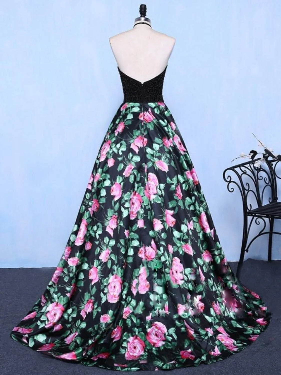 Black A-line Sleeveless Pocket Beaded Flower Floor Elegant Long Dress