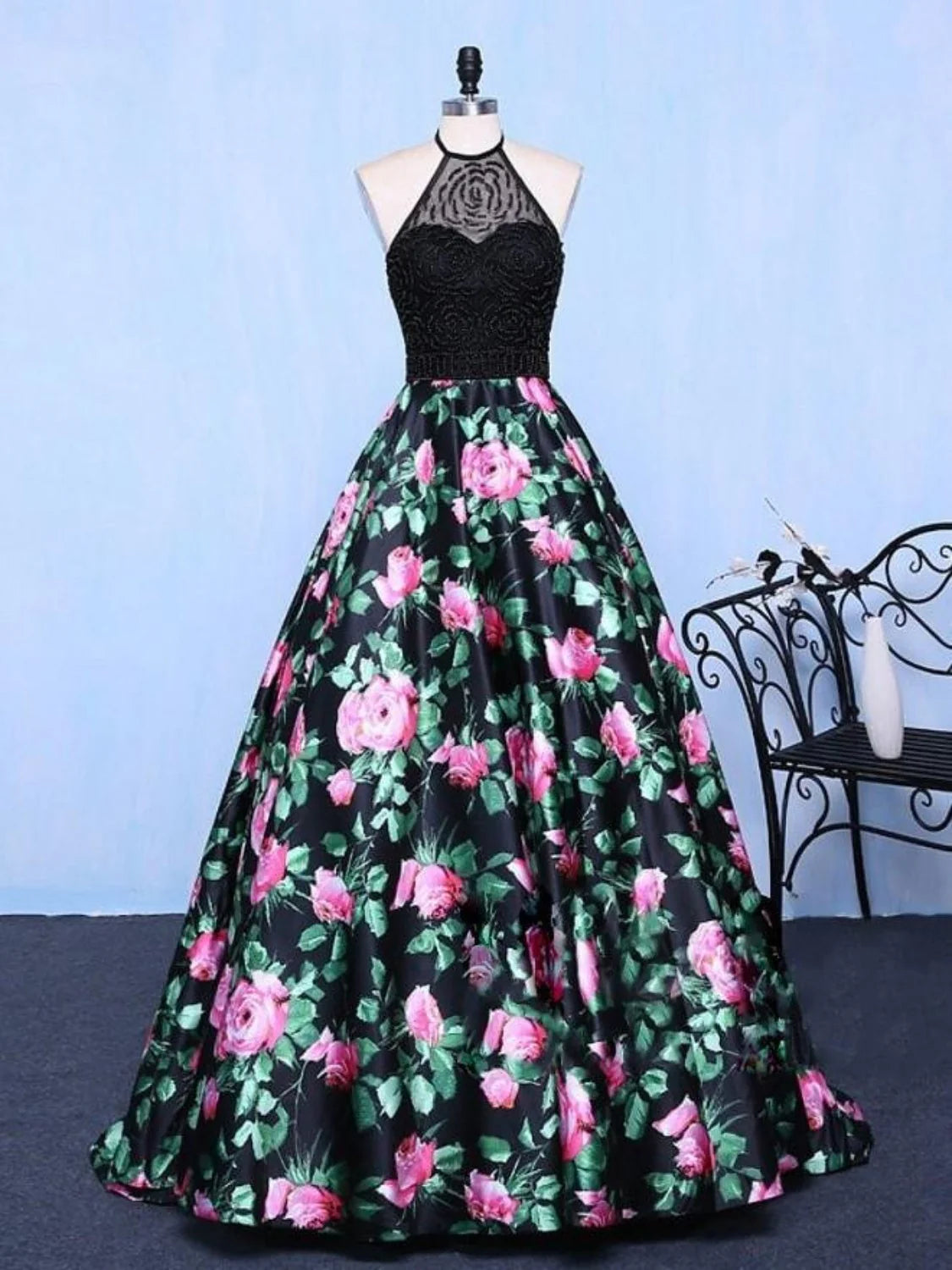 Black A-line Sleeveless Pocket Beaded Flower Floor Elegant Long Dress