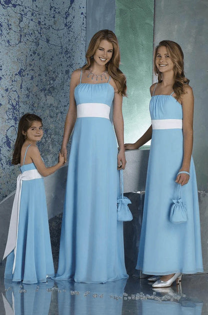Elegant chiffon spaghetti strap with floor mop and belt bridesmaid dress
