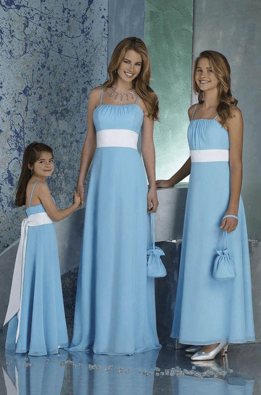 Elegant chiffon spaghetti strap with floor mop and belt bridesmaid dress