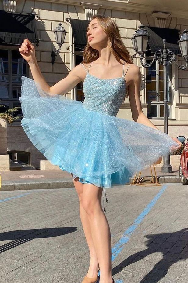 A-line blue thin shoulder strap V-neck short back to school party dress