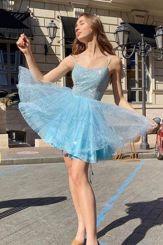A-line blue thin shoulder strap V-neck short back to school party dress