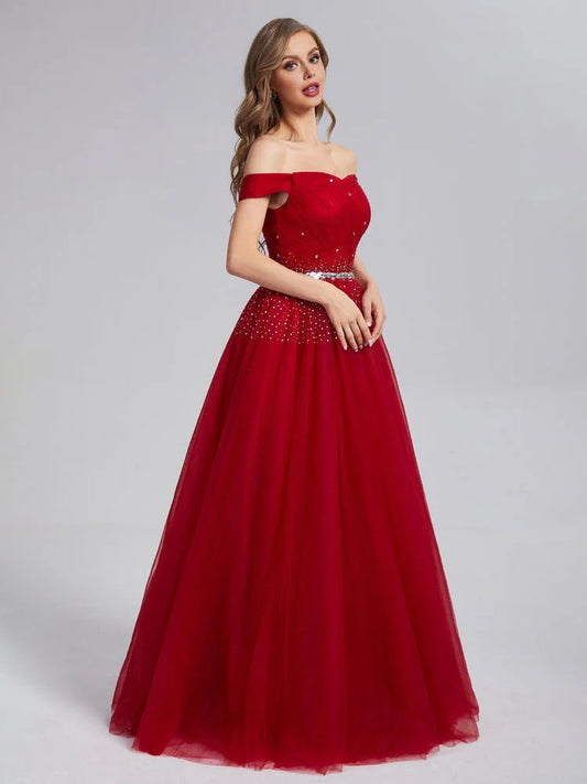 A-line Burgundy Off Shoulder Lace up sheer Sweet Floor Sweeping Ball Dress