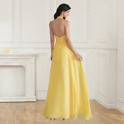 A-line single strap chiffon embellished flower beaded formal dress