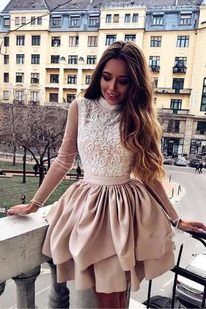 A-line high neckline with lace long sleeved pleated front satin short back to school dress