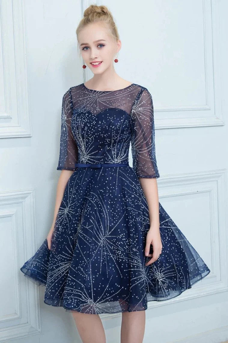 A-line Homecoming Party Dress Half Sleeves Beaded Short Skirt