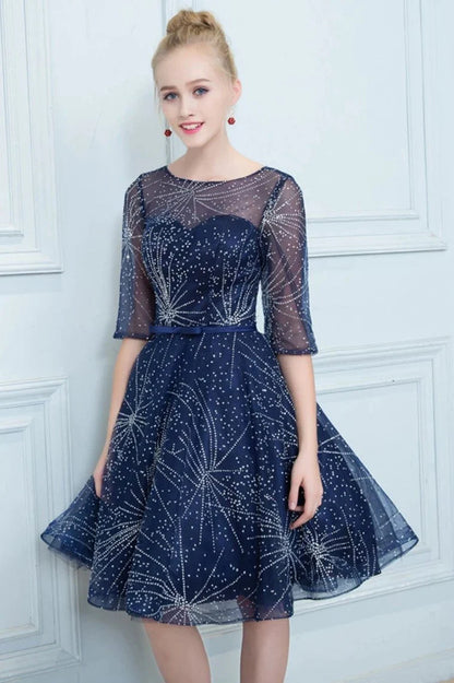 A-line Homecoming Party Dress Half Sleeves Beaded Short Skirt