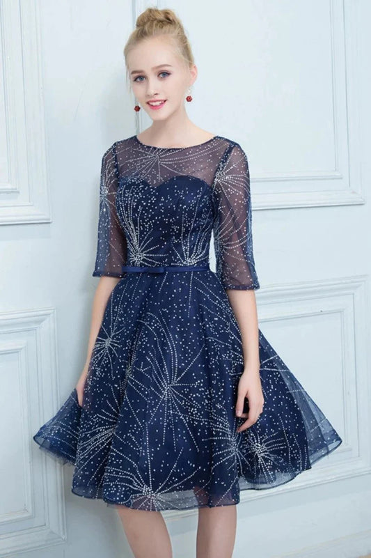 A-line Homecoming Party Dress Half Sleeves Beaded Short Skirt