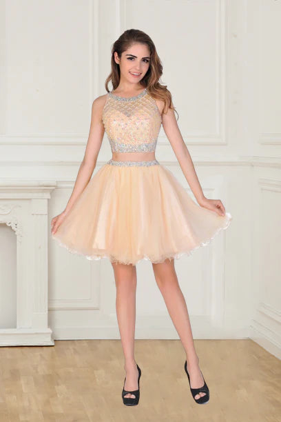 A-line Homecoming Party Dress Short Mini Spoon Beaded Neckline sheer