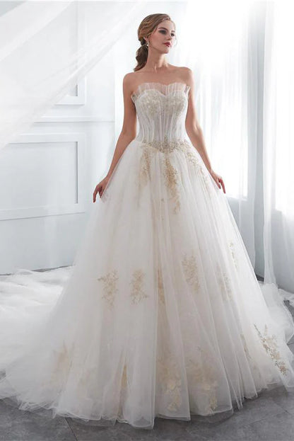 A-line lace inlaid off shoulder wedding dress with church style skirt hem