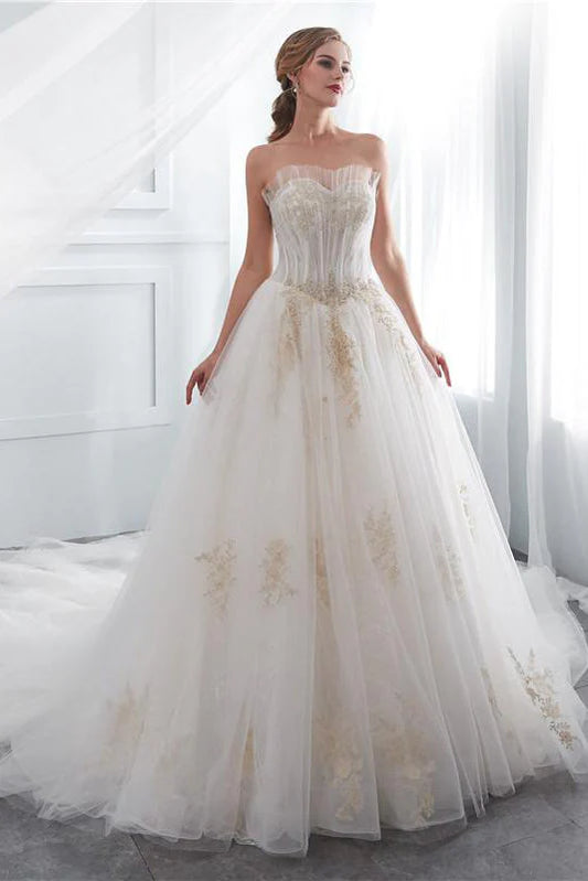 A-line lace inlaid off shoulder wedding dress with church style skirt hem