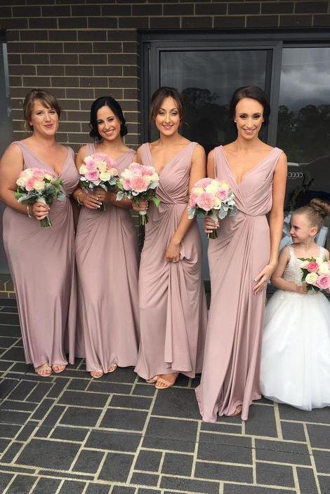 A-line chiffon V-neck ruffled pink floor mopping bridesmaid dress