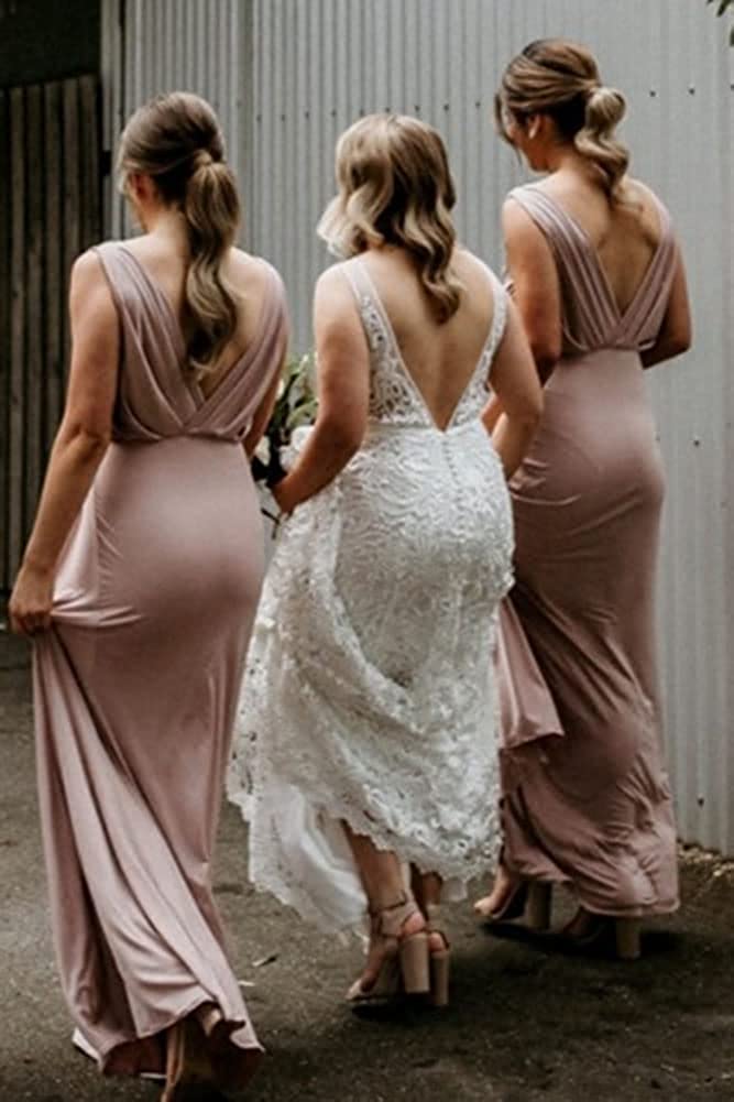 A-line chiffon V-neck ruffled pink floor mopping bridesmaid dress
