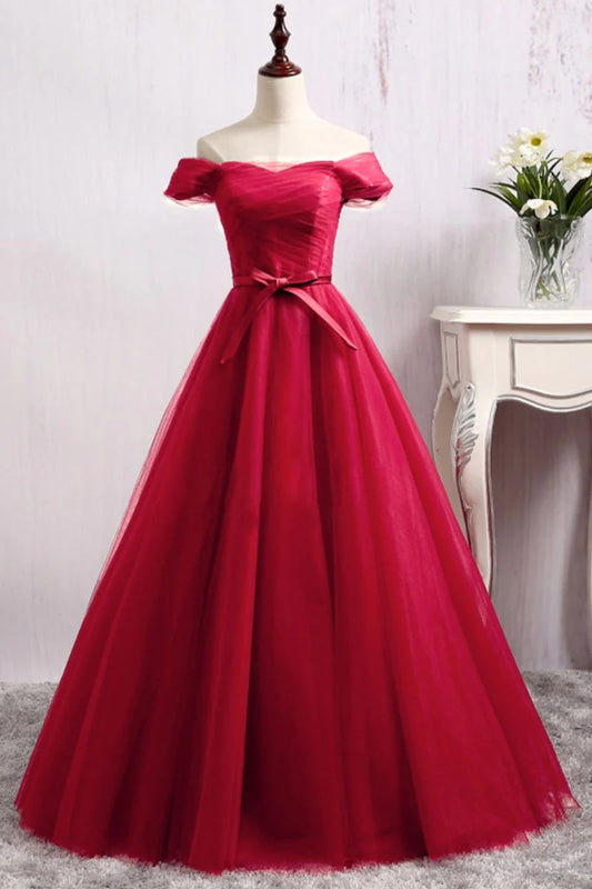 Red sheer off the shoulder lace up bow drag dance dress