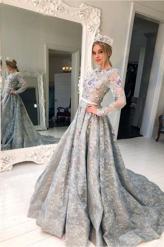 A-line Long sleeved High necked Beaded Grey Beaded Flower Ball Dress