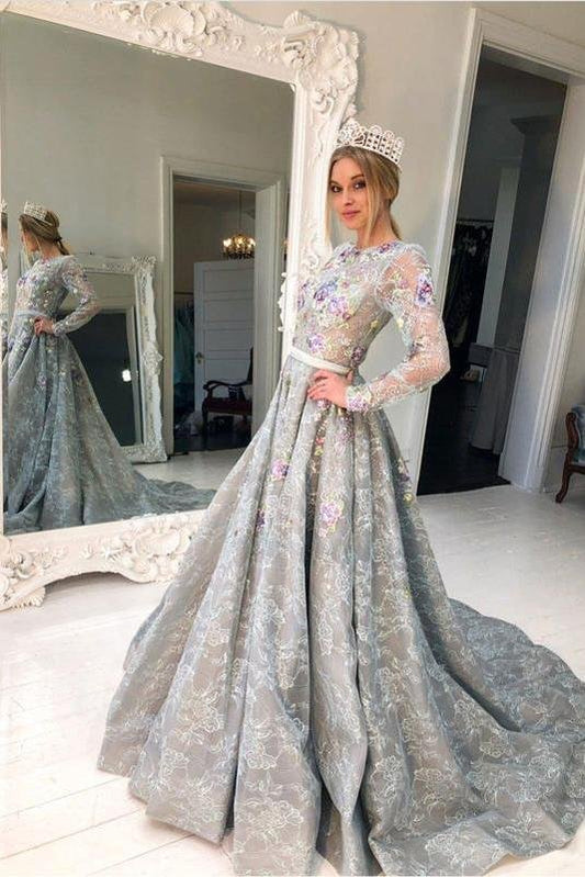A-line Long sleeved High necked Beaded Grey Beaded Flower Ball Dress