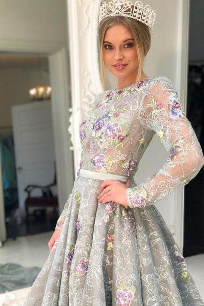 A-line Long sleeved High necked Beaded Grey Beaded Flower Ball Dress