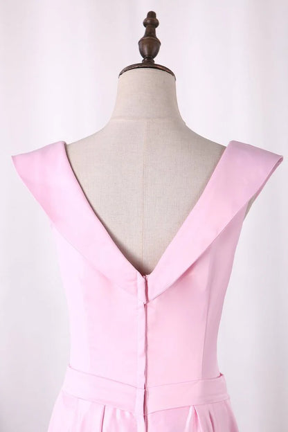 New A-line Split Zipper Off Shoulder Satin Evening Dress