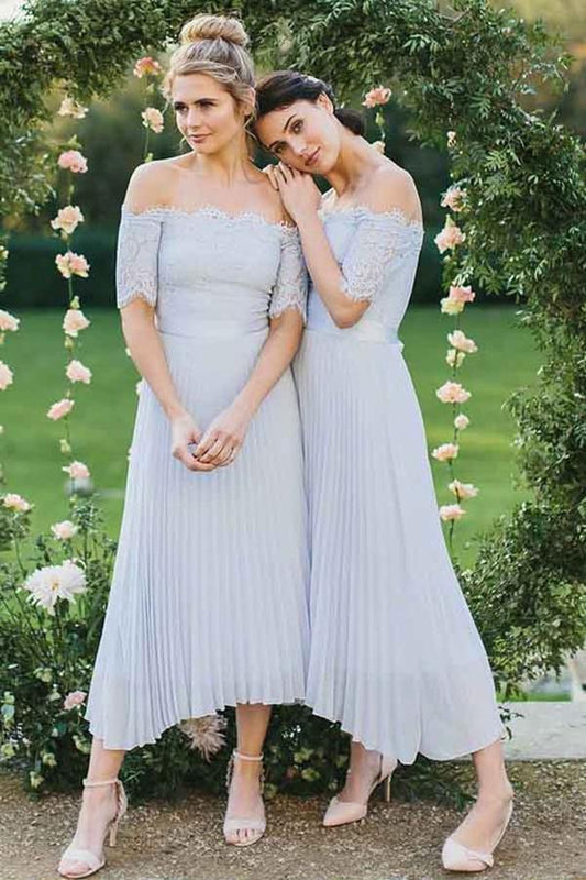 Lace A-line off shoulder pleated chiffon bridesmaid dress