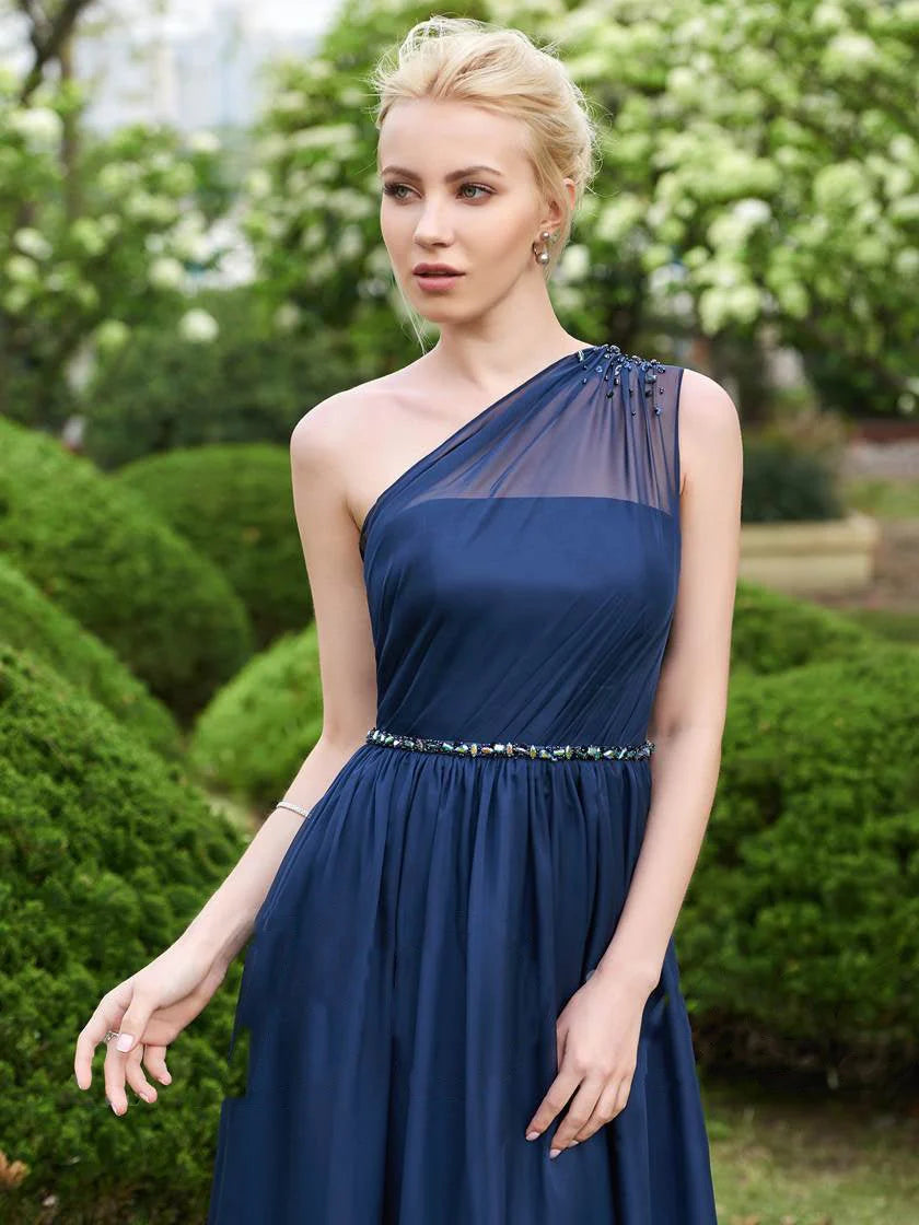 A-line shoulder chiffon long bridesmaid wedding dress beaded
