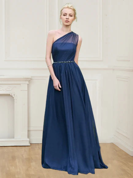 A-line shoulder chiffon long bridesmaid wedding dress beaded