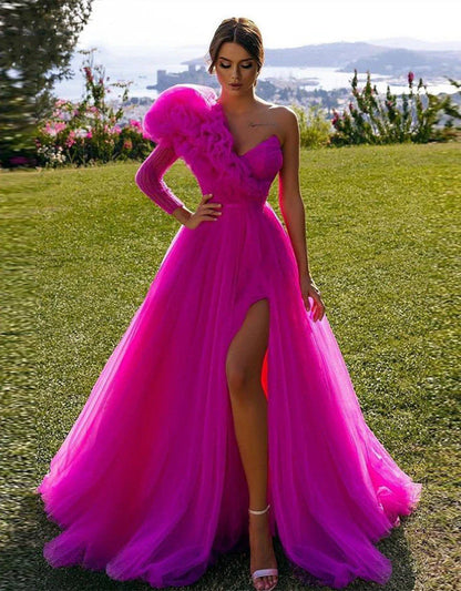 Elegant One Shoulder Long Sleeve Split Ball Dress