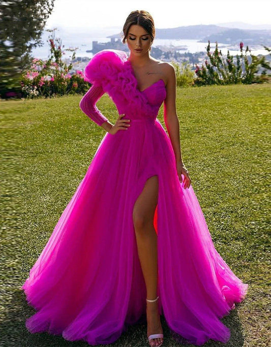 Elegant One Shoulder Long Sleeve Split Ball Dress