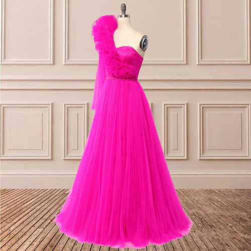 Elegant One Shoulder Long Sleeve Split Ball Dress