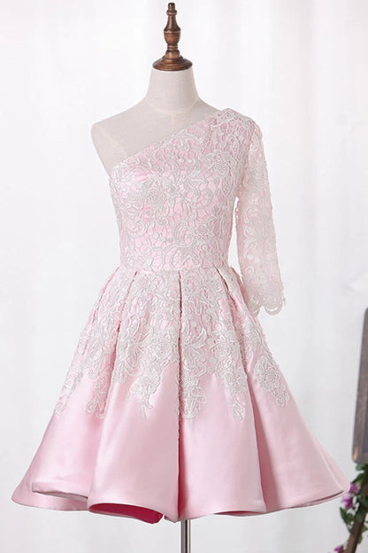 A-line single sleeved satin with decal two tone elegant dress