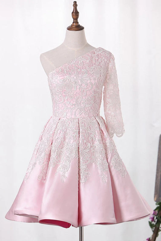 A-line single sleeved satin with decal two tone elegant dress