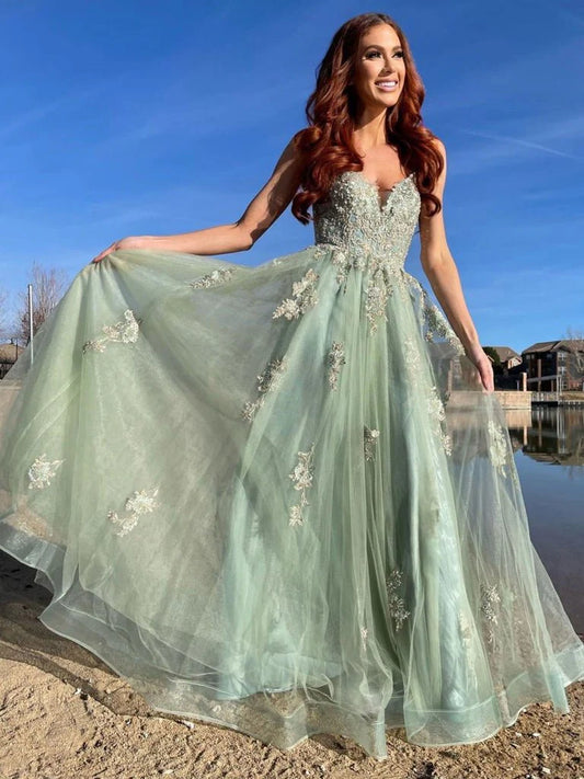 A-line Princess V-neck Floor Sweeping Tulle Sleeveless Applique Dress