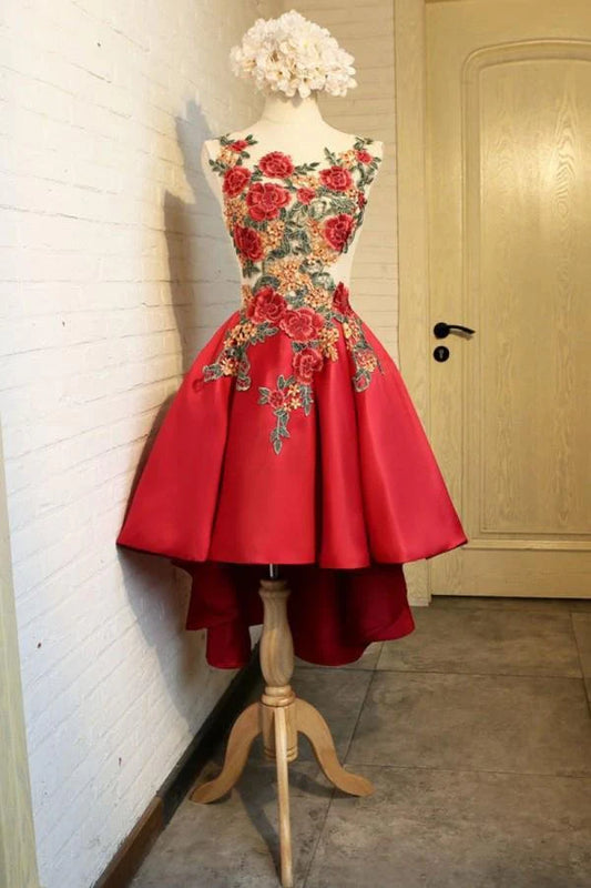 Red lace high and low lace satin Scoop homecoming dance dress