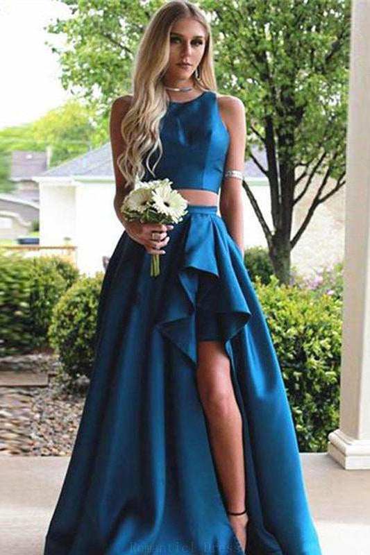 Red satin hollowed-out neckline A-line dress with slit front