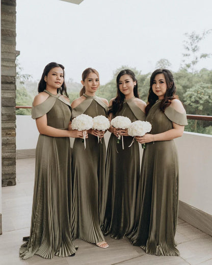A-line elegant high-end tea green round neck floor mopping chiffon bridesmaid dress