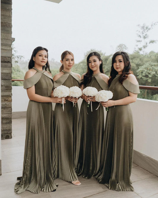 A-line elegant high-end tea green round neck floor mopping chiffon bridesmaid dress