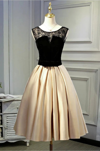 A-line round neck satin black lace back to school party skirt