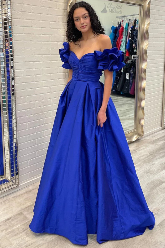 A-line Royal Blue Sexy Off Shoulder Ruffle Edge Sleeves Formal Dress