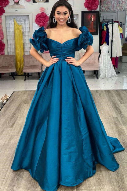 A-line Royal Blue Sexy Off Shoulder Ruffle Edge Sleeves Formal Dress