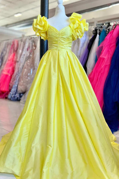 A-line Royal Blue Sexy Off Shoulder Ruffle Edge Sleeves Formal Dress