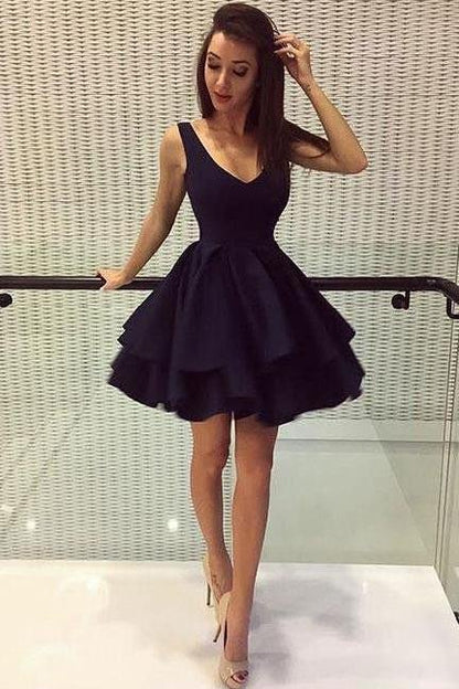 Premium color V-neck over knee V-back short cute mini homecoming dance dress