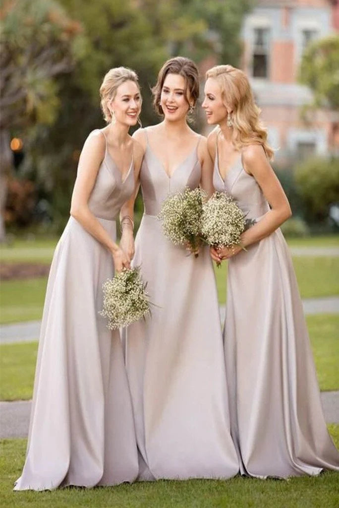 Satin Champagne V-neck Sleeveless Cross Shoulder Strap and Floor Bridesmaid Dress
