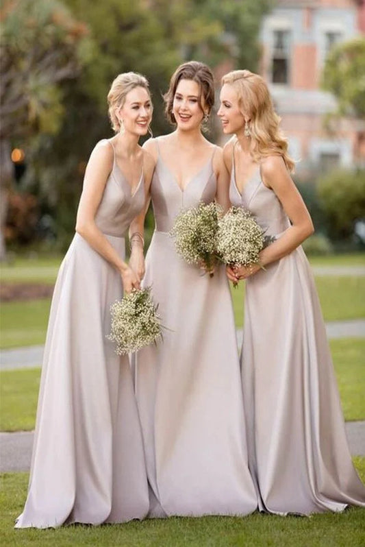Satin Champagne V-neck Sleeveless Cross Shoulder Strap and Floor Bridesmaid Dress