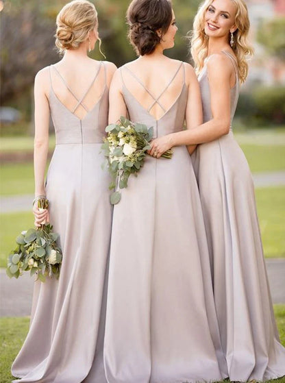 Satin Champagne V-neck Sleeveless Cross Shoulder Strap and Floor Bridesmaid Dress